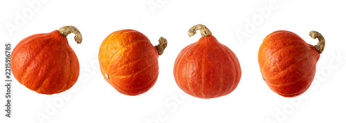 Set of Hokkaido pumpkins isolated on transparent background. Red kuri squash pumpkin from different angles for autumn harvest, food and seasonal designs.