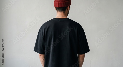 Back view mockup of a man wearing a blank oversized black crewneck t-shirt against a textured grey studio wall.