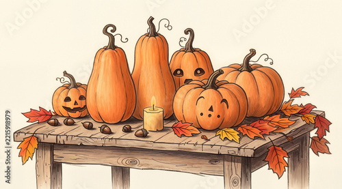 Charming naive hand-drawn pumpkins on a table with autumn leaves. Cozy rustic storybook illustration for fall designs.
