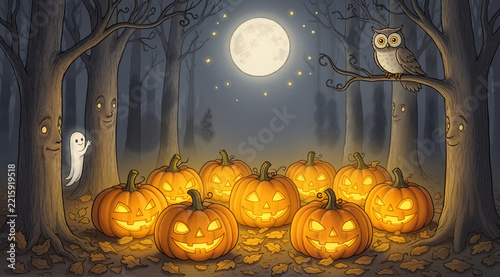 Naive hand-drawn glowing Halloween pumpkin with friendly face isolated on transparent background. Cute storybook style PNG element.
