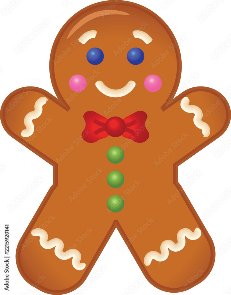 Obraz premium Cute smiling gingerbread man with red bow tie and colorful candy buttons vector illustration