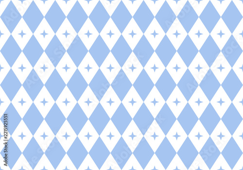 Pastel blue argyle seamless pattern with white stars. Geometric diamond shaped background. Rhombus holiday winter