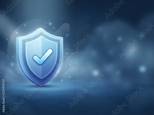 Blue shield icon with a white checkmark on a dark reflective stage floor