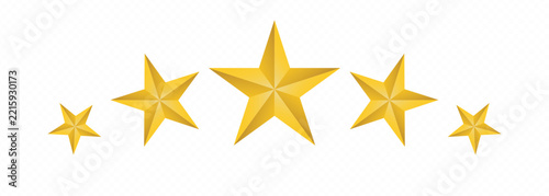 Five Golden Star Rating Row arranged in an Arch Shape Vector Illustration Isolated on Transparent Background
