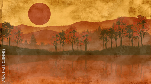 Autumn landscape illustration red sun lake trees misty hills sunset orange vintage retro texture poster background