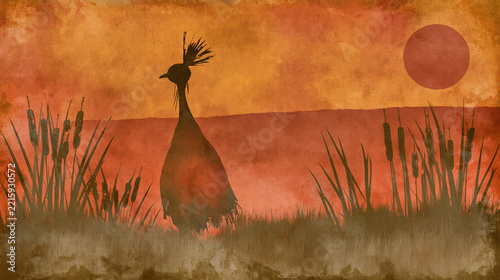 Tribal figure red robe bird tall grass sunset illustration warm orange watercolor texture ethnic vintage poster background