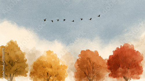 Autumn watercolor landscape trees orange yellow red foliage birds flying sky fall season illustration nature background copy space