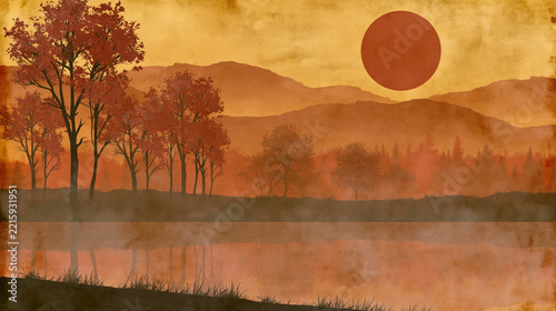 Autumn landscape illustration red sun lake trees misty hills sunset orange vintage retro texture poster background