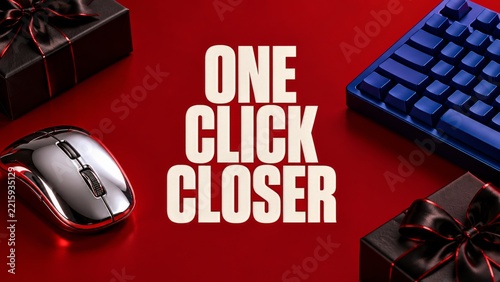 Cream One Click Closer Message with Chrome Mouse and Blue Keyboard