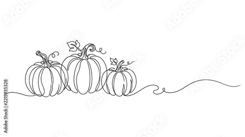 Continuous single line of three pumpkins with leaves and vines isolated on a white background, for minimalist decor