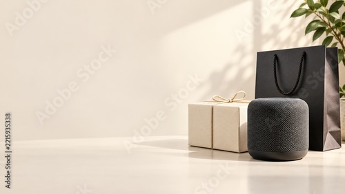 Black Mesh Speaker with Twine Gift and Shopping Bag in Cream Light