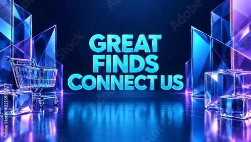 Cyan Shopping Lettering with Glass Gifts and Cart in Neon Reflections