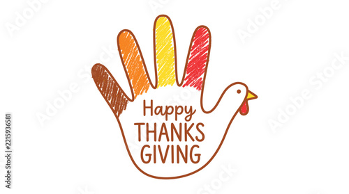 Handprint turkey for thanksgiving with colorful scribbled fingers and happy thanksgiving text, flat