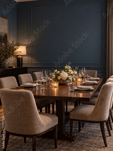 Private Dining Room with a Long Wooden Table and Soft Upholstered Chairs