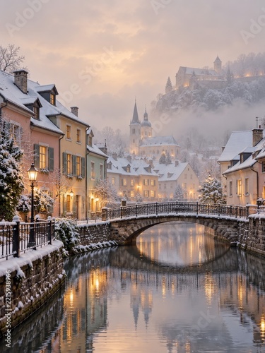 Snowy Historic Canal Town with an Arched Bridge in Golden Morning Mist