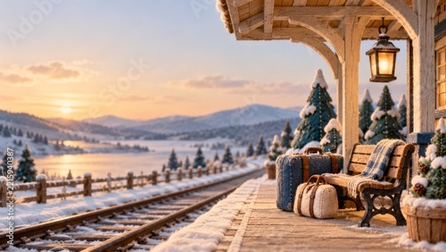 Felt Luggage and a Cozy Bench on a Snowy Alpine Railway Platform