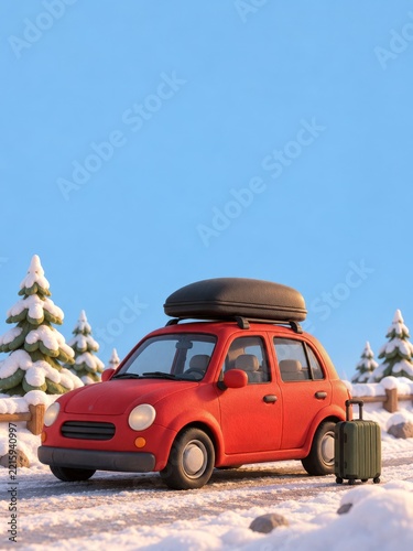 Clay Red Car with Roof Cargo and Green Suitcase on a Snowy Road