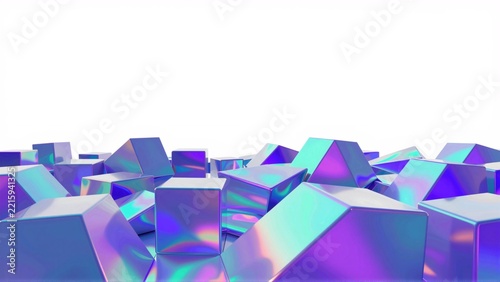 abstract rendering group cubes cubes arranged scattered manner overlapping colors cubes gradient blue purple pink creating holographic effect background white making cubes stand out even more overall