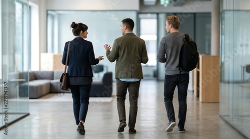 Business colleagues walking together through modern office hallway
