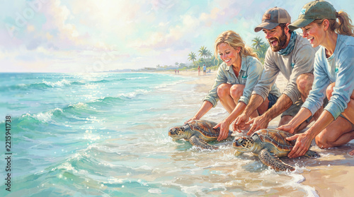 Three people in khaki and light blue shirts kneeling with three sea turtles in shallow surf