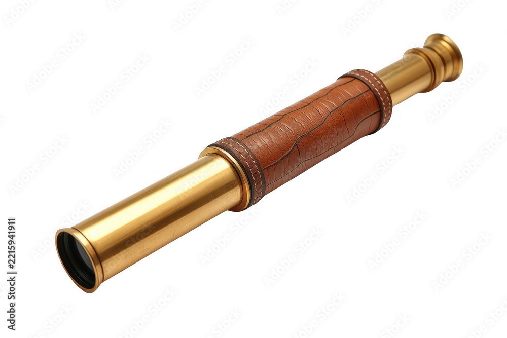 Fototapeta premium Vintage brass spyglass with leather covering on transparent background