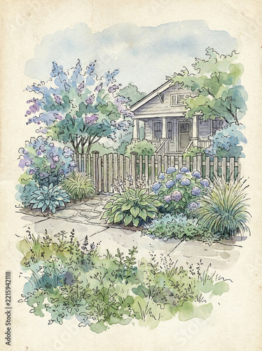 Watercolor of a two story house with a porch behind a wooden fence and lush hydrangeas