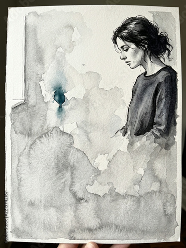 Grayscale watercolour illustration of a woman looking down by a window