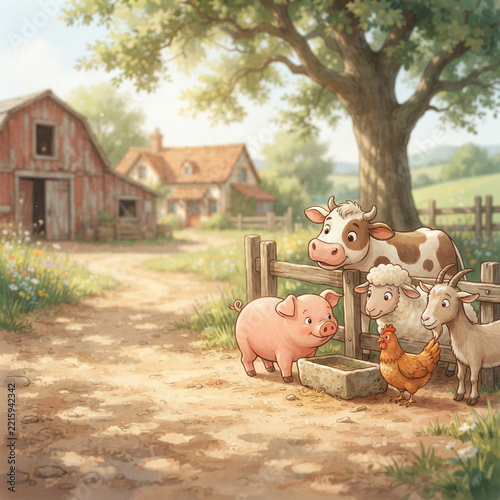 Cow, pig, sheep, chicken and goat standing by a wooden fence and stone trough on a sunny farm