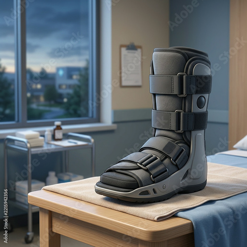 Black and gray walking boot on a blue linen table in a hospital room with a city view at dusk