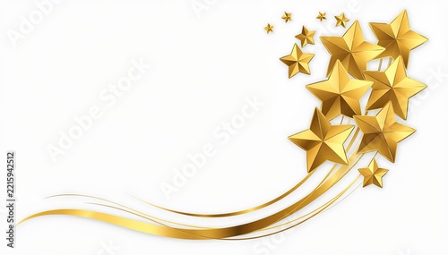 Golden shooting stars with wavy trails on white background