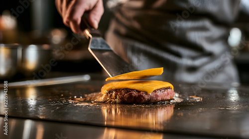 Professional chef cooking a delicious burger patty with melted cheese on a hot metal griddle in a commercial restaurant kitchen environment, close up shot showcasing culinary art and fast food prep