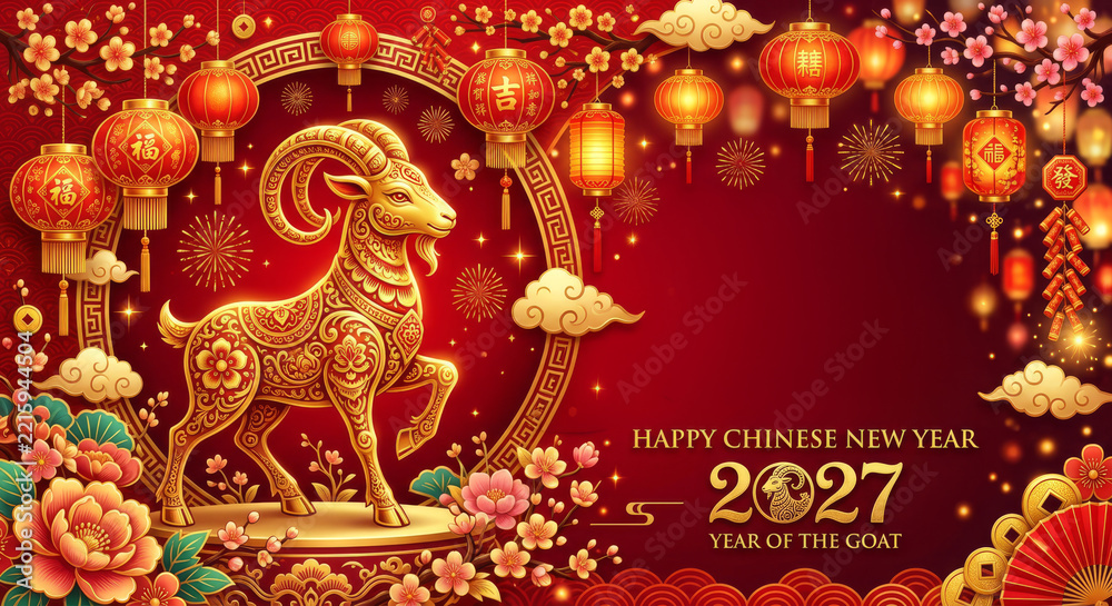 Fototapeta premium Happy Chinese New Year 2027 Year of the Goat Gold Goat Lanterns Red Festive Celebration