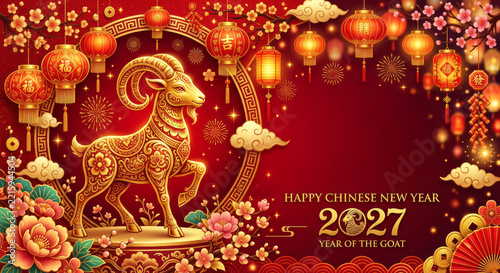 Happy Chinese New Year 2027 Year of the Goat Gold Goat Lanterns Red Festive Celebration