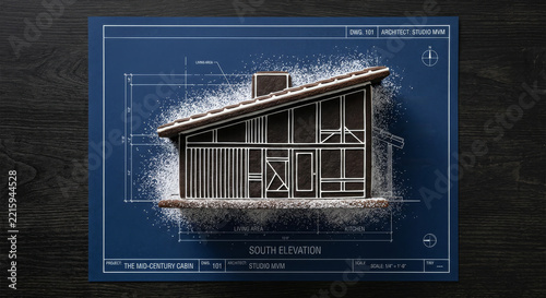 A gingerbread mid-century cabin model sits on a blue architectural blueprint, dusted with powdered sugar like snow. Icing highlights structural lines, blending holiday baking with architectural