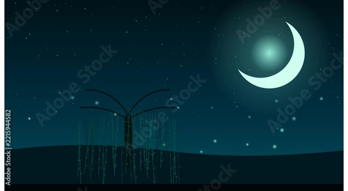 Magical night landscape with glowing fireflies and crescent moon animation