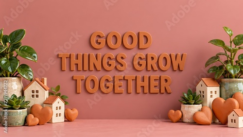 Good Things Grow Together Message with Ceramic Houses Plants and Hearts
