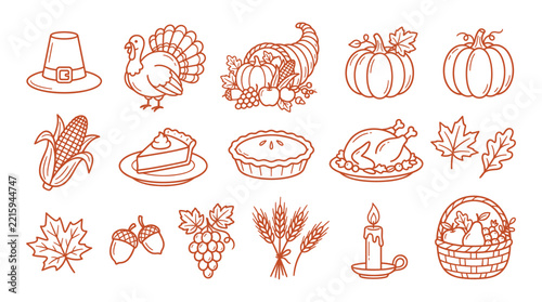 Set of orange outline for thanksgiving featuring turkey, pumpkin, corn, pie, roasted chicken, leaves, grapes, wheat, and candle