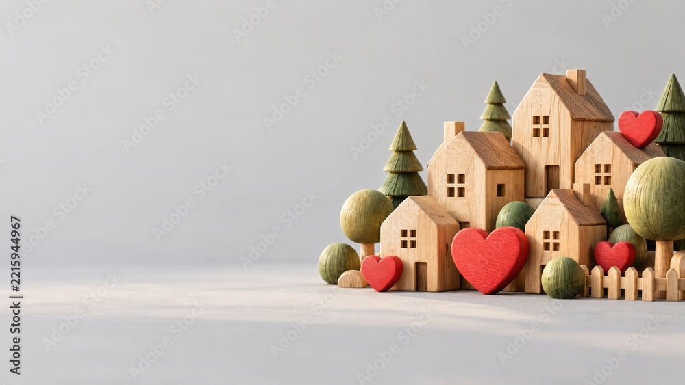 Naklejka premium Carved Wooden Houses and Green Trees with Red Hearts on Pale Gray