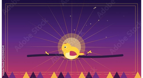 Cute yellow bird character animation on branch, minimalist 2D motion for kids and educational projects