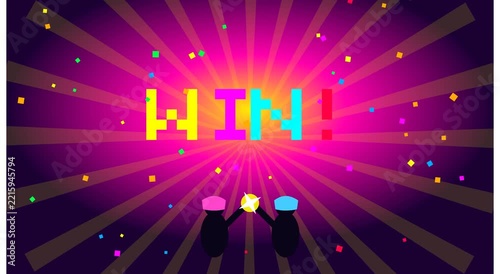 Retro pixel win animation with confetti and five celebration for gaming and success concepts winner victory