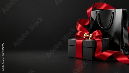 Black Shopping Bag and Gift with Red Satin Ribbon on Dark Background