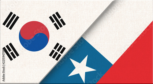 Double flag of South Korea and Chile on fabric texture - 3D illustration