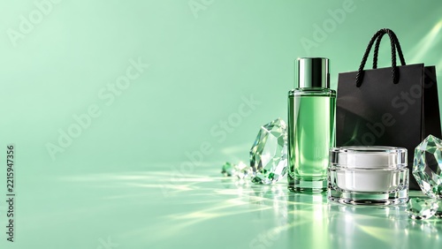 Green Cosmetic Bottle and Cream Jar with Crystals on Mint Background