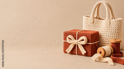 Cream Knitted Tote and Rust Gift with Yarn Spools on Beige Background