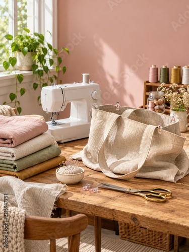 Sewing Studio Desk with Linen Tote Fabric Stacks and Thread Spools