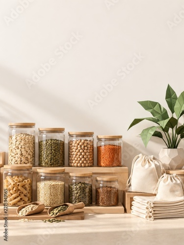 Bulk Pantry Jars with Wooden Lids Cotton Bags and Folded Paper Plant Leaves