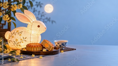 Glowing Rabbit Paper Lantern with Mooncakes Against a Pale Blue Background