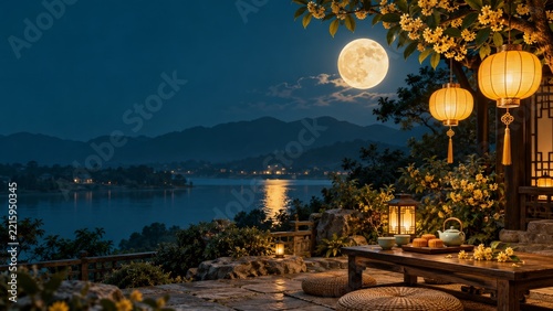 Moonlit Lakeside Terrace with Golden Lanterns and a Low Tea Table