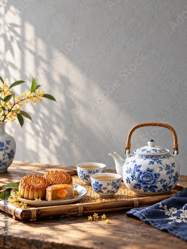 Blue Floral Porcelain Tea Set and Mooncakes on a Sunlit Bamboo Tray