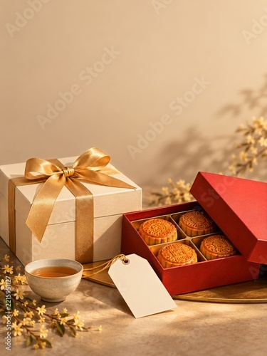 Mooncake Gift Packaging with Gold Ribbon Blank Tag and Tea on Warm Beige